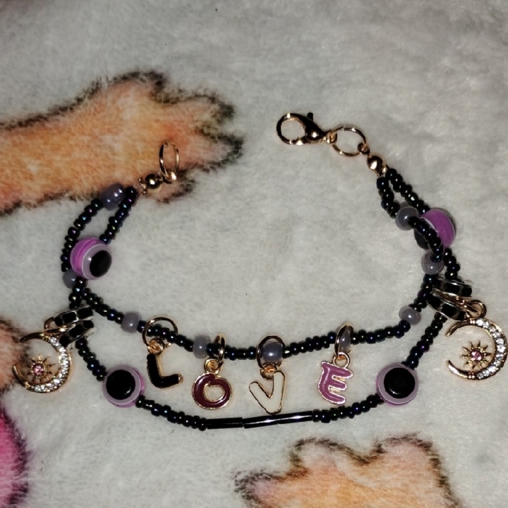Charming Black and Purple Beaded Bracelet with Love Charms